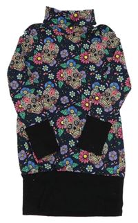 Tmavomodrá květovaná šatová minikina s lebkami a rolákem 