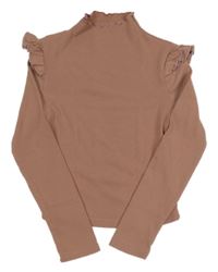 Starorůžové žebrované crop triko s volánky Shein