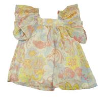 Smetanovo-růžovo-žluto-modré třpytivé vzorované šifonové šaty Zara