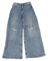 Modré široké high waist rifle s dírami  H&M