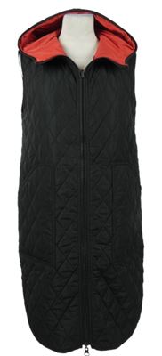 Dámská černá/červená šusťáková prošívaná zateplená maxi vesta s kapucí Carolyn Donnelly 