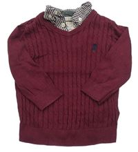 Vínový vzorovaný svetr s výšivkou a košilovým límcem Jasper Conran