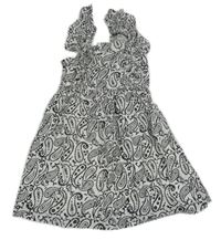 Bílo-černo-stříbrné bavlněné vzorované šaty s volány