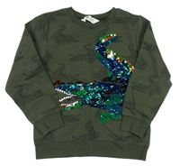 Khaki mikina s krokodýly a flitry H&M