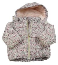 Bílo-růžová květovaná šusťáková zimní bunda s kapucí H&M