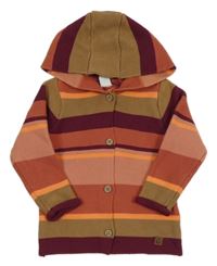 Hnědo-vínovo-korálový pruhovaný propínací svetr s kapucí Topomini