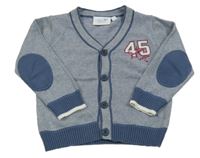 Modro-bílý proužkatý propínací svetr s číslem 