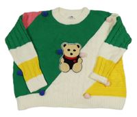 Zeleno-barevný oversize svetr s medvídkem a bambulkami 