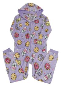 Lila chlupatá kombinéza s donuty a kapucí Primark