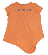 Neonově oranžové asymetrické tričko s nápisem z flitrů  