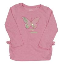 Růžové pletené triko s motýlem a flitry Topomini