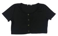 Černé žebrované crop tričko s knoflíčky Shein