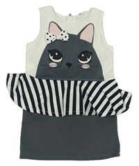 Bílo-tmavošedo-pruhované šaty s kočičkou a volánkem zn. H&M