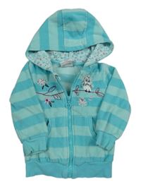 Tyrkysová pruhovaná fleecová propínací mikina se sovou a kapucí zn. Topolino