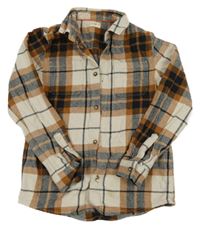 Béžovo-hnědo-tmavomodrá kostkovaná flanelová košile F&F