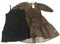 2Set - Hnědo-černé vzorované šifonové průsvitné šaty + černé spodní šaty Next