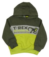 Khaki-šedo-limetková mikina s dinosaurem - T-Rex a kapucí Kiki&Koko