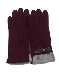 Tmavovínovo-šedé teplé prstové rukavice s koženkovou mašlí