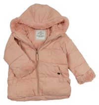 Světlerůžová prošívaná šusťáková zimní bunda s kapucí s kožešinou George