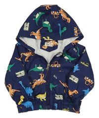Tmavomodrá šusťáková jarní bunda s dinosaury a auty a kapucí Karlomico
