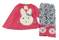 Nové - 2Set - Malinová tunika se zajíčkem + bílo/tmavomodro/malinové vzorované legíny 