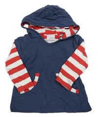 Tmavomodro-červeno-bílé triko s kapsou a pruhy a kapucí Next