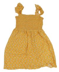 Hořčicové letní šaty s kytičkami a volánky PRIMARK