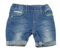 Modré riflové kraťasy s nápisy a prošoupáním