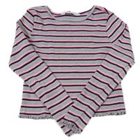 Šedo/melírovano-bílo-křiklavě růžovo-černé pruhované žebrované crop triko H&M