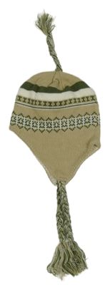 Béžovo-khaki čepice se vzorem a třásněmi