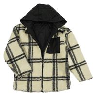 Béžovo-černá kostkovaná huňatá zateplená bunda s kapucí Dunnes