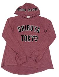 Vínová melírovaná úpletová mikina s nápisem a kapucí H&M