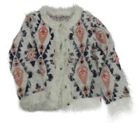 Bílo-tmavomodro-růžový vzorovaný chlupatý propínací svetr Noppies