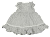 Šedo-bílé pruhované třpytivé plátěné šaty s výšivkou a volánky s madeirou Topolino