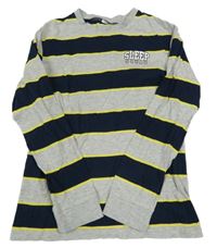 Šedo-tmavomodro-žluté pruhované pyžamové triko s nápisem