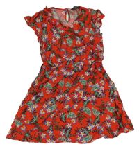 Červené květované lehké šaty s listy a volánem Primark