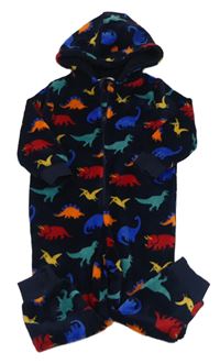 Tmavomodrá chlupatá kombinéza s barevnými dinosaury a kapucí M&S