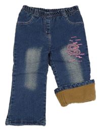 Tmavomodré zateplené rifle s výšivkou 