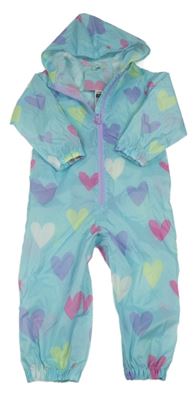 Světlemodrá šusťáková kombinéza s barevnými srdíčky a kapucí dunnes