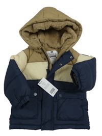 Nové - tmavomodro-smetanovo-béžová šusťáková zimní bunda s kapucí F&F