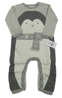 Nové - šedo-bílý pruhovaný úpletový overal s tučňákem George