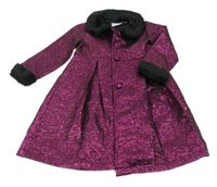 Tmavorůžovo-černý lesklý lehký kabát s kožešinovým lemem 