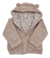 Růžová chlupatá propínací podšitá bunda s kapucí Tu