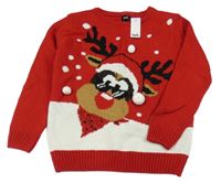 Nové - Červeno-bílý svetr se sobem a 3D bambulemi 