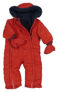 Červená šusťáková prošívaná zimní kombinéza s kapucí + rukavice Mothercare