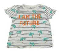 Bílo-tmavomodré pruhované tričko s palmami a nápisem Topomini