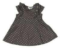 Antracitovo-bronzové puntíkaté šaty s volánky Tahari