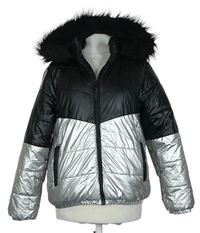 Dámská stříbrno-černá šusťáková zimní bunda s kapucí St Bernard 