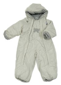 Bílo-šedá pruhovaná šusťáková zimní kombinéza se slonem a kapucí 