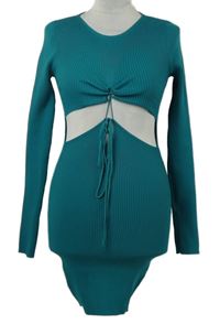 Dámské petrolejové žebrované úpletová šaty s průstřihem PrettyLittle Thing